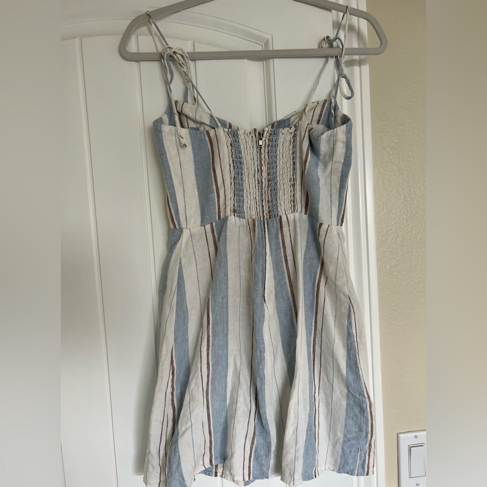 Reformation blue white brown mini linen dress with bustier and tied straps - Picture 3 of 6